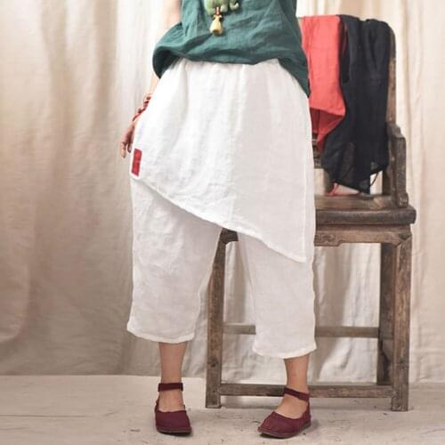 Johnature Women Patchwork Vintage Wide Leg Pants Solid Color Elastic Waist Ramie Trouser 2021 Summer Loose Female Casual Pants