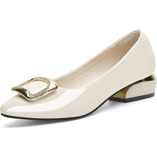 3cm Mid Heel Womens Pumps Round Toe Single Shoes Fashion Style Thick High Heels Rhinestone Buckle Decoration Party Shoes M0264