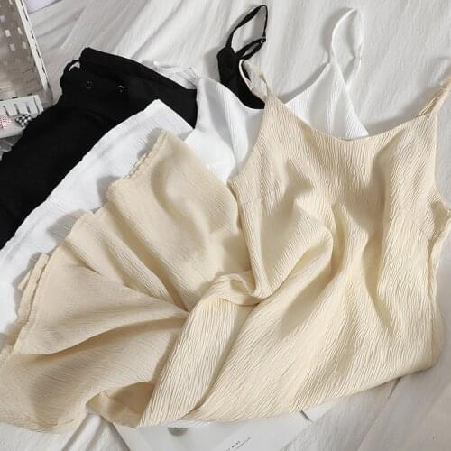 Abrini Women Pleated Chiffon Dress Women Loose Casual Summer Camis Dress Sweet Soft O-neck Pullover Straight Spaghetti Strap