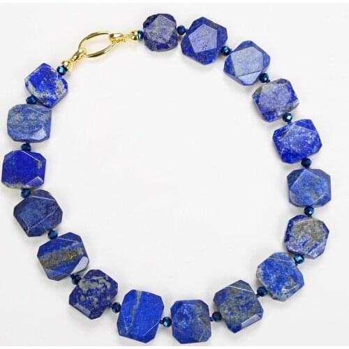 19" Natural Blue Lapis Large Chunky Faceted Slice Rectangular Necklace
