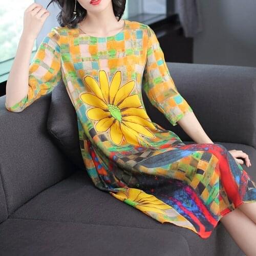 Womens Round Neck Floral Print Silk Dress Large Size Loose Three Quarter Sleeve Dresses for Women Yellow Clothing Vestidos 2251