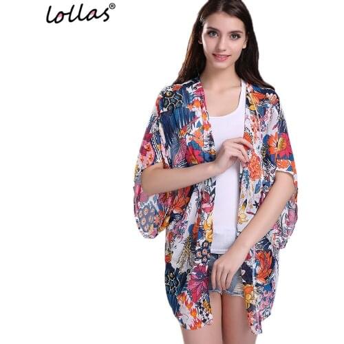 Lollas Spring Women Floral Kimono Cardigan Half Sleeve Chiffon Loose Flower Print Blouse