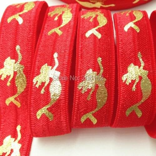 Gold Foil Mermaid Red Fold Over Elastic 5/8" Mermaid Printed FOE Elastic Ribbon for DIY Headwear Hair Accessories 10Y/lot