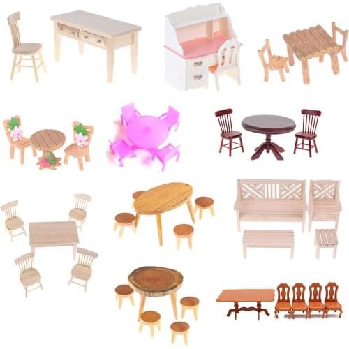 1Set Wood Plastic Teatable Coffee Living Room Kid Toy Dining Table Chair Model 1:12 Dollhouse Miniature Furniture Toy Set