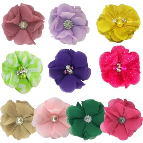 200Pcs 28 Colors Chiffon Fabric Flowers with pearl and rhinestone DIY For Girl Headbands Headwear Craft Wedding Bouquet MH22