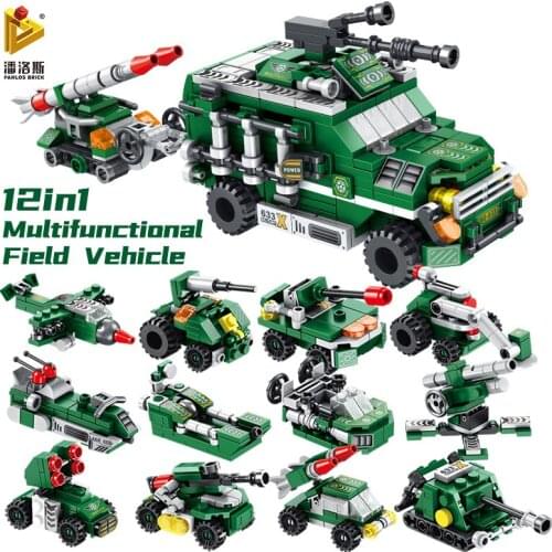 PANLOS 566pcs 12-in-1 Multifunctional Field Vehicle Model Airplane Car MOC Building Blocks Childrens Toy Stickers Gift Bricks