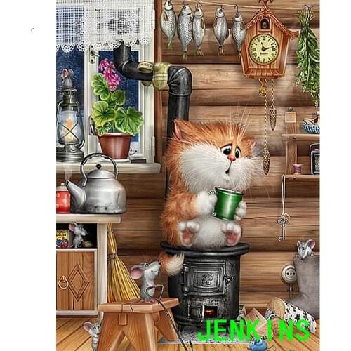 5d Diy Diamond Painting Crystal Diamond Painting Needlework Kits For Embroidery Cross Stitch Mosaic Kit Cartoon Cat Jenkins