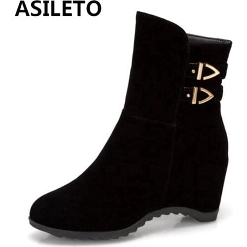ASILETO Women Boots Wedges Round toe Buckle Flock Ankle boots for women Zipper Solid Female mujer Casual Sweet Increased S2400