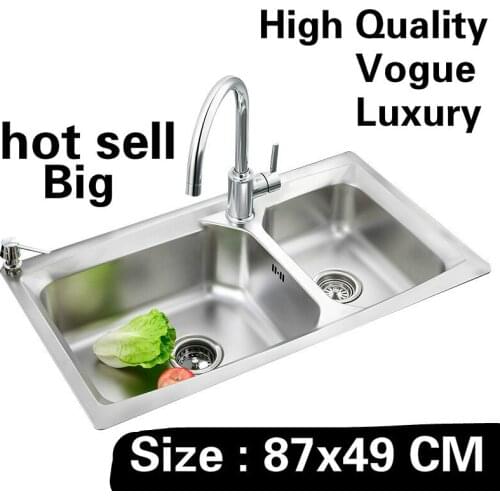 Free shipping Home luxury wash vegetables big kitchen double groove sink food-grade 304 stainless steel hot sell 87x49 CM