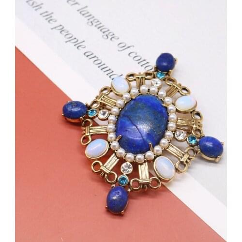 Copper Material Brooches Natural-Stones Blue Marble Lapis Lazuli Delicate Vintage Designs Jewelry