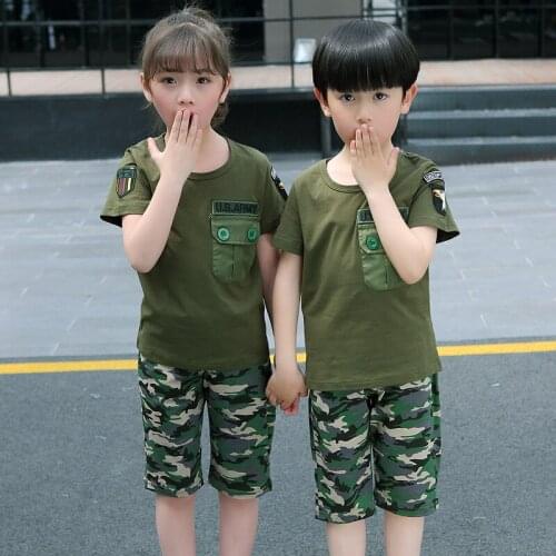 Kids boys and girls sports suit 2pcs cotton short-sleeved T-shirt camouflage five pants summer new big virgin suit