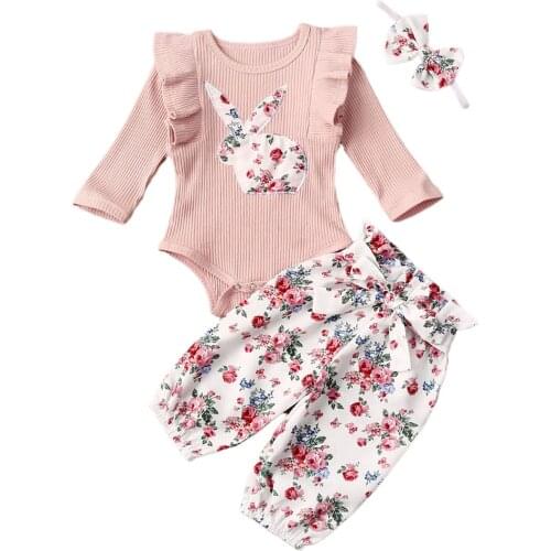 3PCS Newborn Kids Baby Girl Knitted Cotton Clothes Set Bunny Romper Tops Floral Pants Baby Spring Autumn Outfits