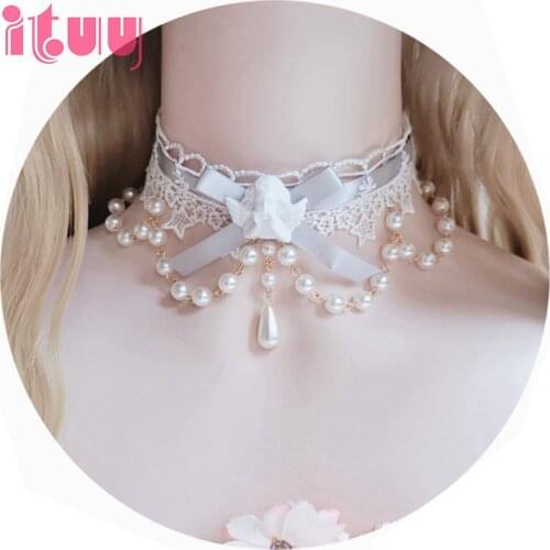 Lolita Gothic Angel Virgin Mary KC Necklace Japanese Sweet Pearl Crystal Pendant Lace Necklace Collarbone Chain Bride Accessory