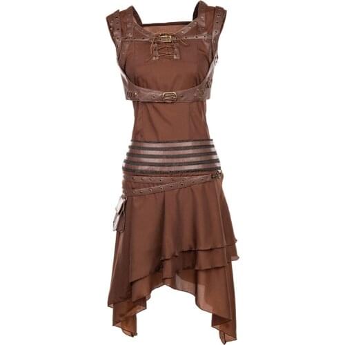 Corzzet Brown Womens Sexy Gothic Steampunk Corset Dress Leather Victorian Overbust Corsets & Bustiers Skirt Party Push Up Tops