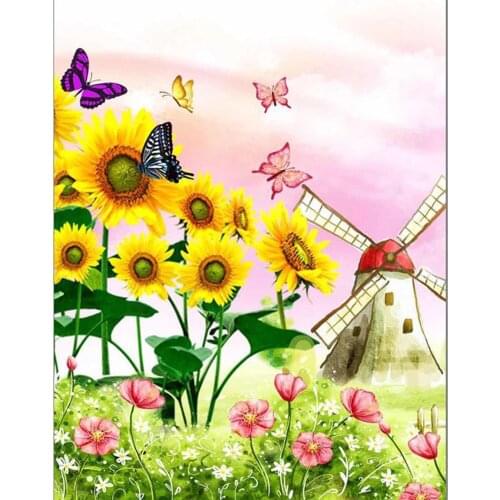 Paint With 3d Diamond Embroidery "Windmolen en zonnebloem" 5d Diamond Painting Full Square Round Picture Of Rhinestone Decor