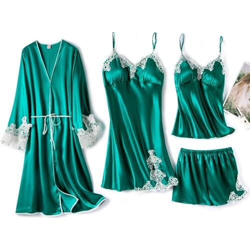 Lace Satin Pajamas Sets Womens 4PCS Strap Top&Pants Sleepwear Sleep Suit Sexy Spring Chest Pads Nightwear Home Pijamas Nightgown