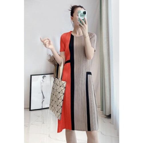 HOT SELLING Miyake Fashion fold patchwork O-Neck short sleeve A dress IN STOCK