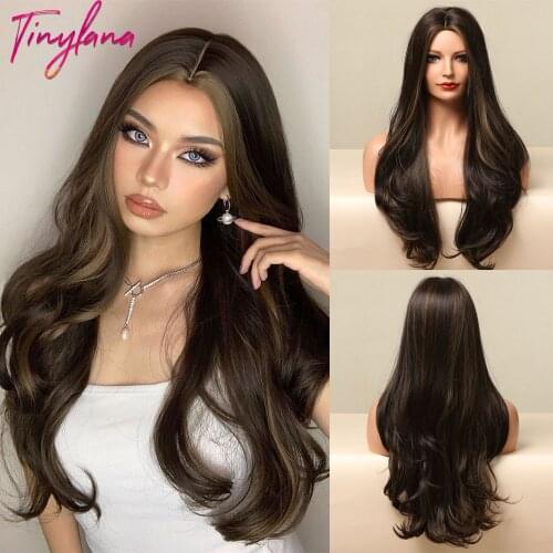 TINY LANA Long Wave Wigs Middle Part Dark Brown Blonde Highlight Synthetic Wigs For Women Cosplay Daily Party Use Heat Resistant