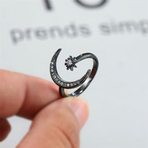 Trendy Female White Crystal Stone Ring Charm Black Gold Color Engagement Ring Cute Star Moon Adjustable Wedding Rings For Women