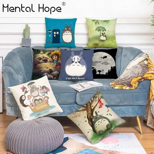 Cartoon Totoro Printed Throw Pillow Cover Animal Pattern Linen Cotton Cushion Cover Home Decor Living Room Square Pillowcase
