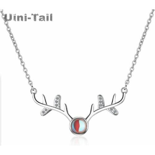 Uini-Tail Hot New Products 925 Sterling Silver Elk Micro Inlaid Necklace Artificial Moonstone Mesh Red Jewelry Fashion Trend