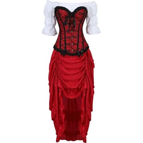 Bustier dress corset top skirt set 3 piece front high and low irregular costume cosplay showgirl dance corsets burlesque vintage