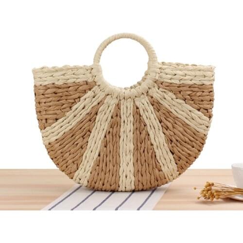 Casual rattan half moon women handbags wicker woven striped hand bag summer beach straw bag large capacity tote big basket purse