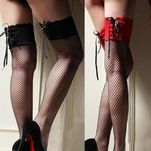 Sexy Women Lace Top Bandage Thigh High Stockings Fishnet Mesh Hollow Pantyhose suitable for nightclub nightwear perfect gifts