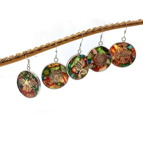 Natural Stone Earrings Pendant Colored Copper Sheet Hollow Butterfly Love Pattern Round Turquoise Designer Jewelry Earrings