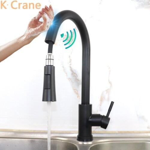 Touch Sensor Faucet Kitchen Pull Out Hot Cold Mixer Crane Sink Smart Automatic Tap Deck Mount Black Stainless Steel Torneiras
