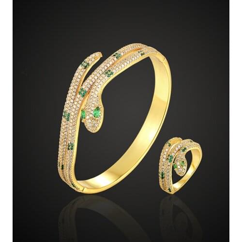 Theresa luxury brand bangle with ring jewelry set animal snake classic green stone 3A cubic zircon micro pave setting fashion