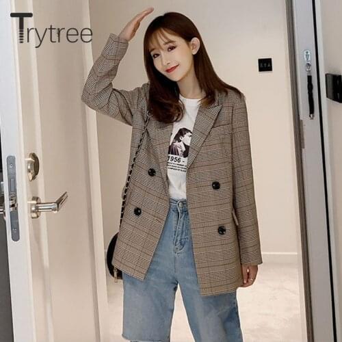 Trytree 2020 Autumn Winter Casual Woman Suit Coat Turn-down Collar Single Breasted Plaid Pockets Fashion Office Lady Suit Coat