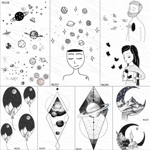 OMMGO Universe Planets Cute Temporary Tattoos For Kids Black Sticker Body Art Arm Star Fake Tattoo Star Custom Tatoos For Child