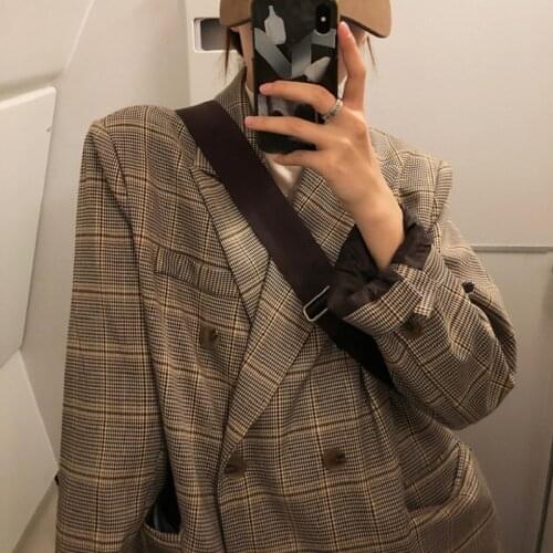 Womens Plaid Blazer 2020 Spring New Style Retro Korean-style Loose-Fit British Style Mid-length Stripe Red Plaid Suit Jacket