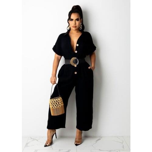 STYLISH LADY Front Button Rompers and Jumpsuits 2021 Autumn Women Short Sleeve Turn Down Collar Casual Loose Street Jumpsuits