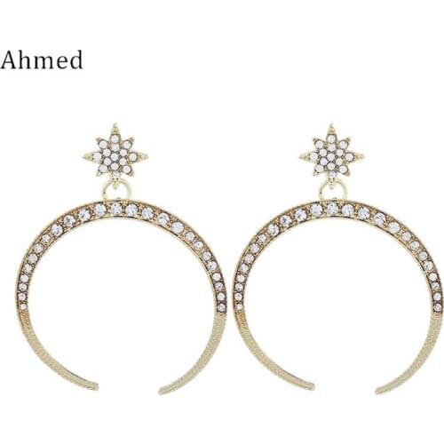 Ahmed Simple Full Rhinestone Alloy Star Moon Pendant Earrings Jewelry New Boho Drop Dangle Earring Wholesale Dropshipping