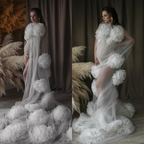 2020 Ivory Womens Robe Kimono Pregnant Party Night Sleepwear Women Sexy Tulle Flowers Bathrobe Nightgown Prom Bridesmaid Shawel