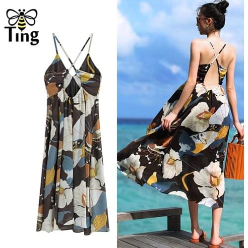 Tingfly Summer Bohemian Sleeveless Cross Strap Floral Casual Dress Women Sexy Backless V Neck Chic Beach Holiday Dress Robe