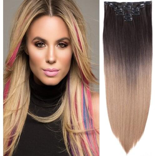 22 inch 6pcs Clip in Extensions Remy Chocolate Brown to Caramel Blonde Balayage Hair Extensions Clip in Straight Real Hair