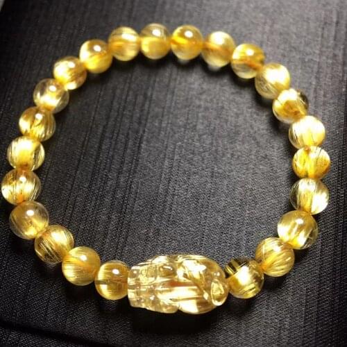 Natural Gold Rutilated Titanium Quartz Woman Men Bracelet 7mm Pi XIu Pendant 17.5*9.9*8.3mm Clear Round Beads Brazil AAAAAA