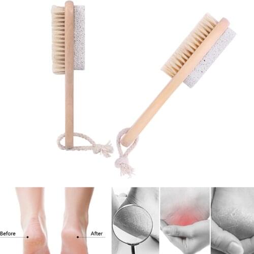 Wood Handle Pumice Stone Foot Brush Scrubber Feet Exfoliating Dead Skin Remover Natural Bristle Massage Brush