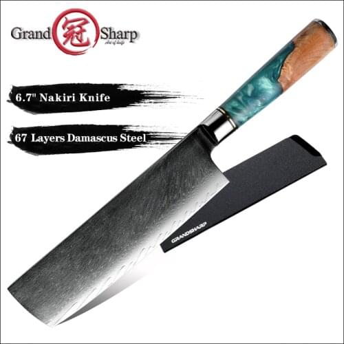 Grandsharp 6.7 Inch Nakiri Knife Professional Chef Slicing Cleaver Knife Damascus Steel Kitchen Chopper Vegetables Knives Gift