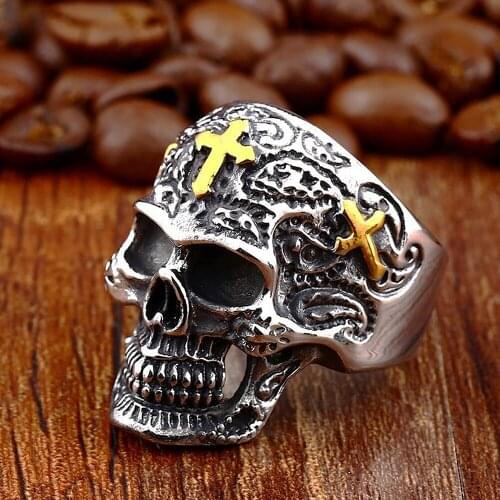 Gothic Cross Skull Ring For Men Punk Hip Hop Cool Stainless Steel Biker Men Boy Skull Ring Fashion Jewelry Gift Wholesale
