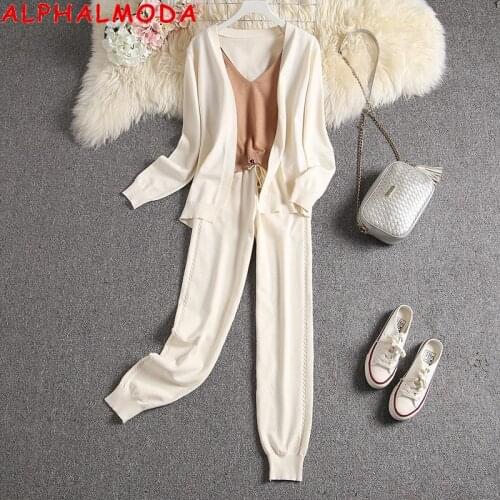 ALPHALMODA 2020 Autumn Winter New Arrived Womens 3pcs Suit Cardigan Vest Pants Ladies High Quality Comfy Knitting Lounge Suit
