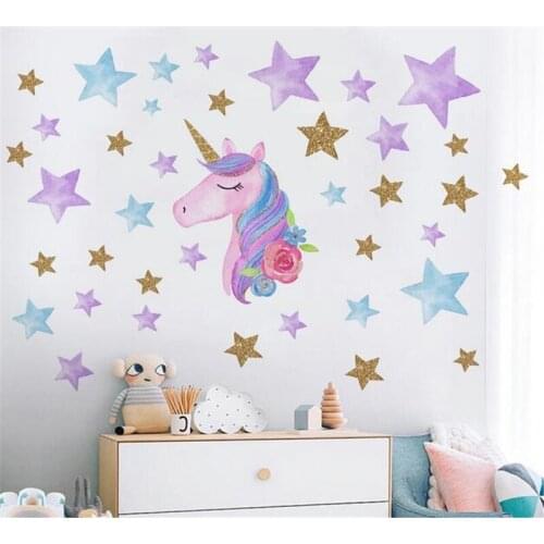 Colorful unicorn flower star wall sticker living room bedroom home decor wall stickers for kids rooms decoracion