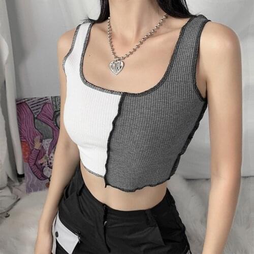 2020 Hot Sale Womens Color Block Patchwork Tank Top Stylish Fashion Sleeveless U-Neck Slim Chic Wild Exposed Navel Vest
