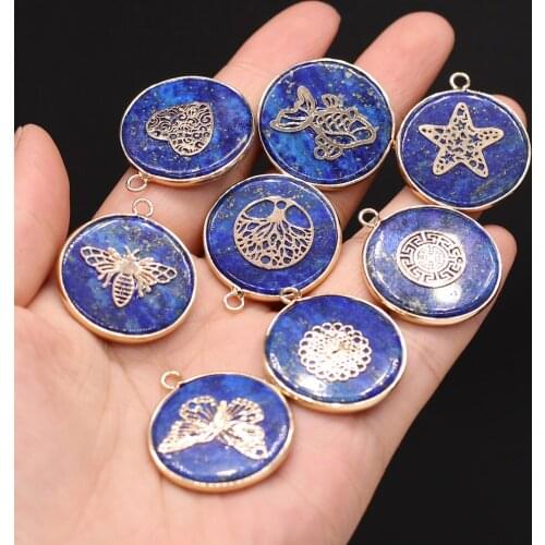 Hot Selling Natural Semi-precious Stone Pendant Round Lapis Lazuli Pendants Gilt Edge for Making DIY Necklace Accessories Gift
