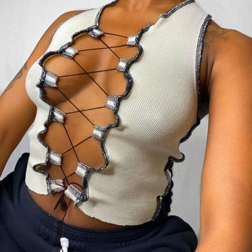 Summer SEXY Women’s Fashion Solid Color Slim Camisole Tank Top Summer Sexy Hollow Bandage Exposed Navel Vest Top Party Clubwear