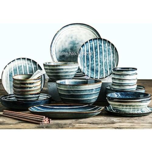Japanese Style Ceramic Dinnerware Set Korean Dish Plate Rice Salad Bowl Deep Plat Set