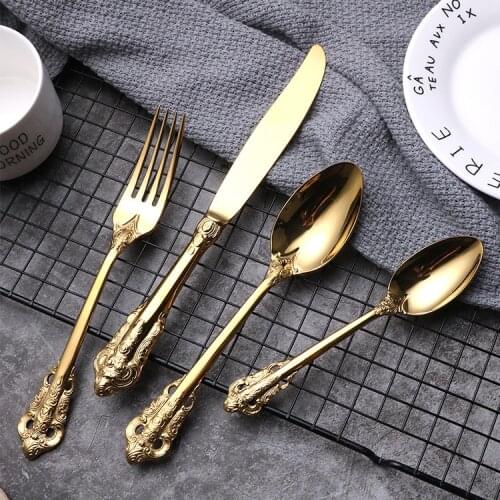 Spklifey Cutlery Set Dinnerware 4 Pcs Gold Cutlery Fork Stainless Steel Spoon Palace Luxury Dinnerware Forks Knives Spoons